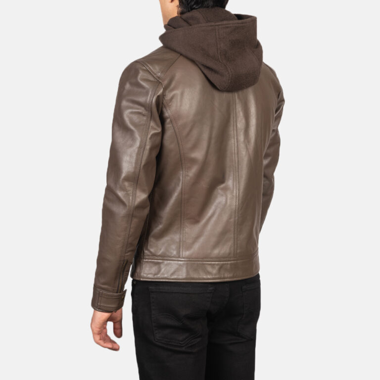 Mens Hector Brown Hooded Leather Biker Jacket Tilted Back-8-1634131663135